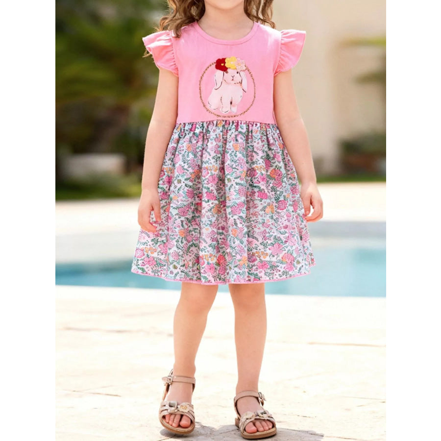 Children’s Floral Print Bunny Ruffle Sleeve Dress Pink / 2Y Apparel and Accessories