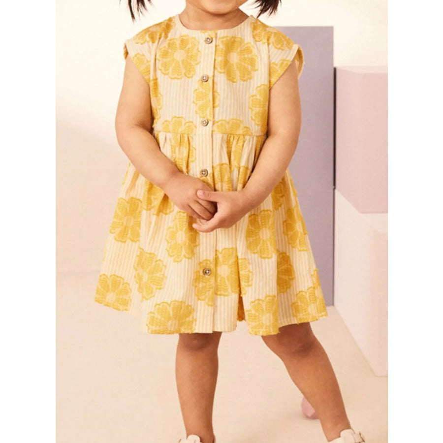 Children’s Floral Print Button-Front Casual Dress Gold / 3T Apparel and Accessories