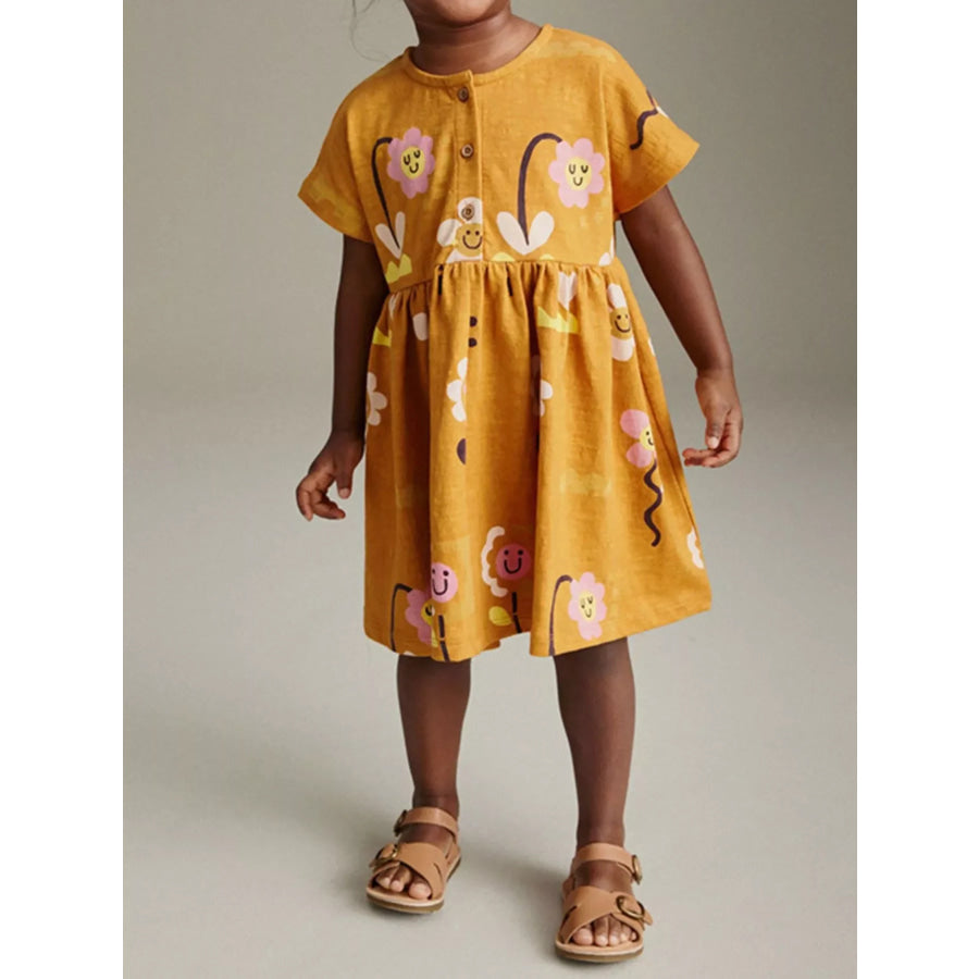 Children’s Floral Print Button-Front Casual Dress Mustard / 5T Apparel and Accessories
