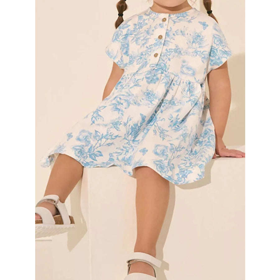 Children’s Floral Print Button-Front Casual Dress Pastel Blue / 3Y Apparel and Accessories