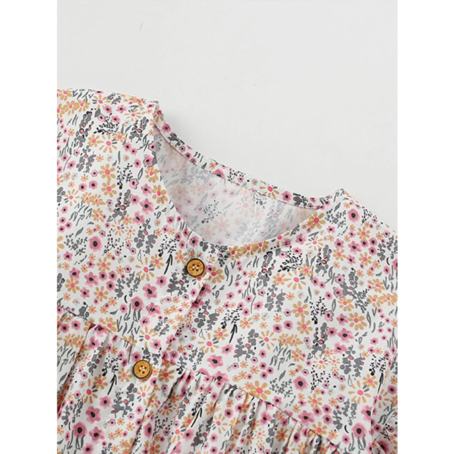 Children’s Floral Print Button-Front Ruffle Sleeve Dress Apparel and Accessories