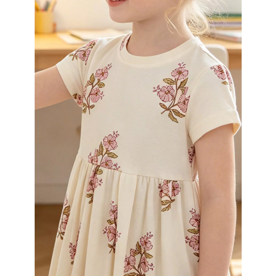 Children’s Floral Print Cotton Dress Beige / 3T Apparel and Accessories
