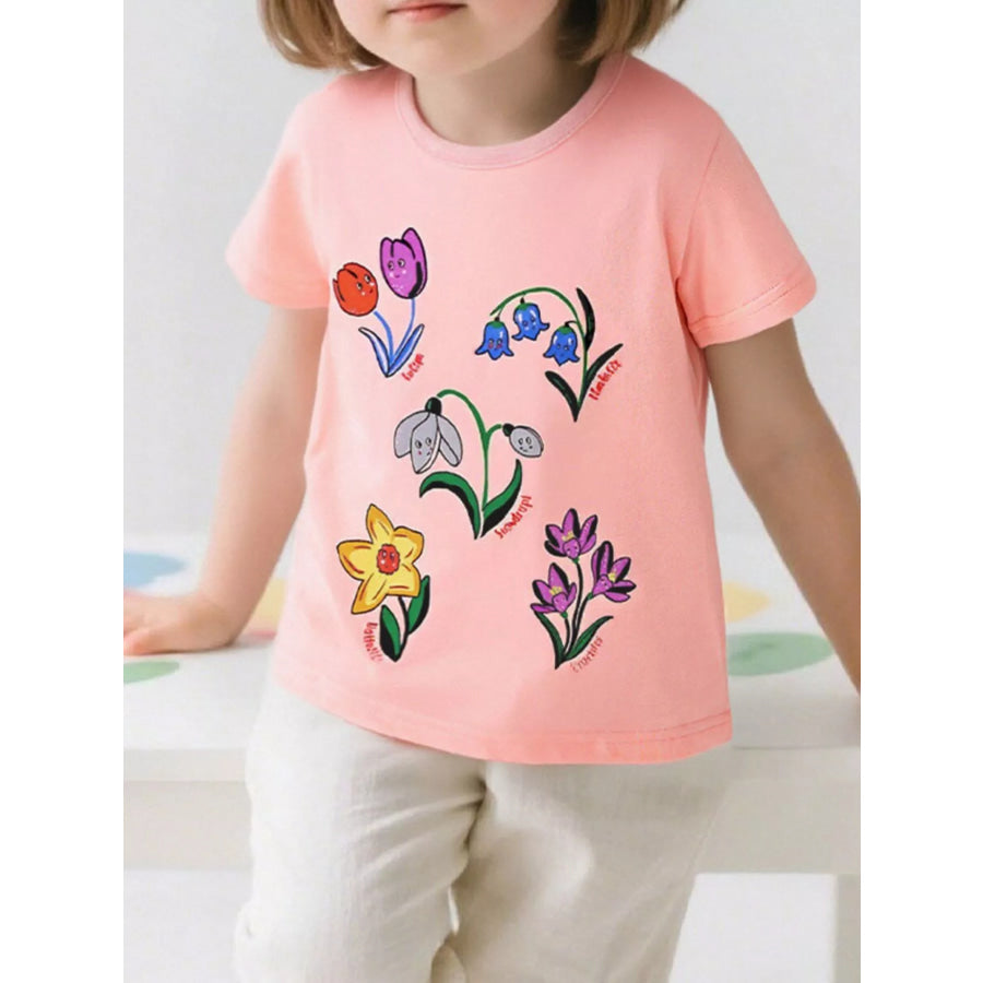 Children’s Floral Print Crew Neck T-Shirt Watermelon pink / 2Y Apparel and Accessories