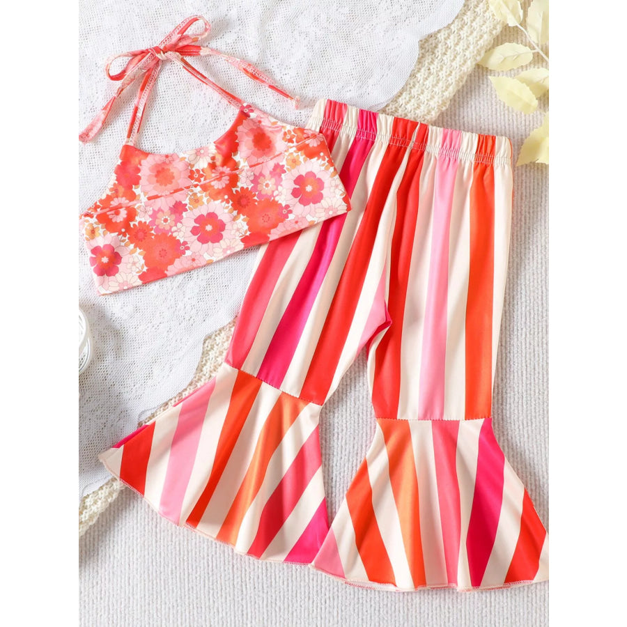 Children’s Floral Print Crop Top and Striped Pants Set Orange Red / 18-24M Apparel and Accessories