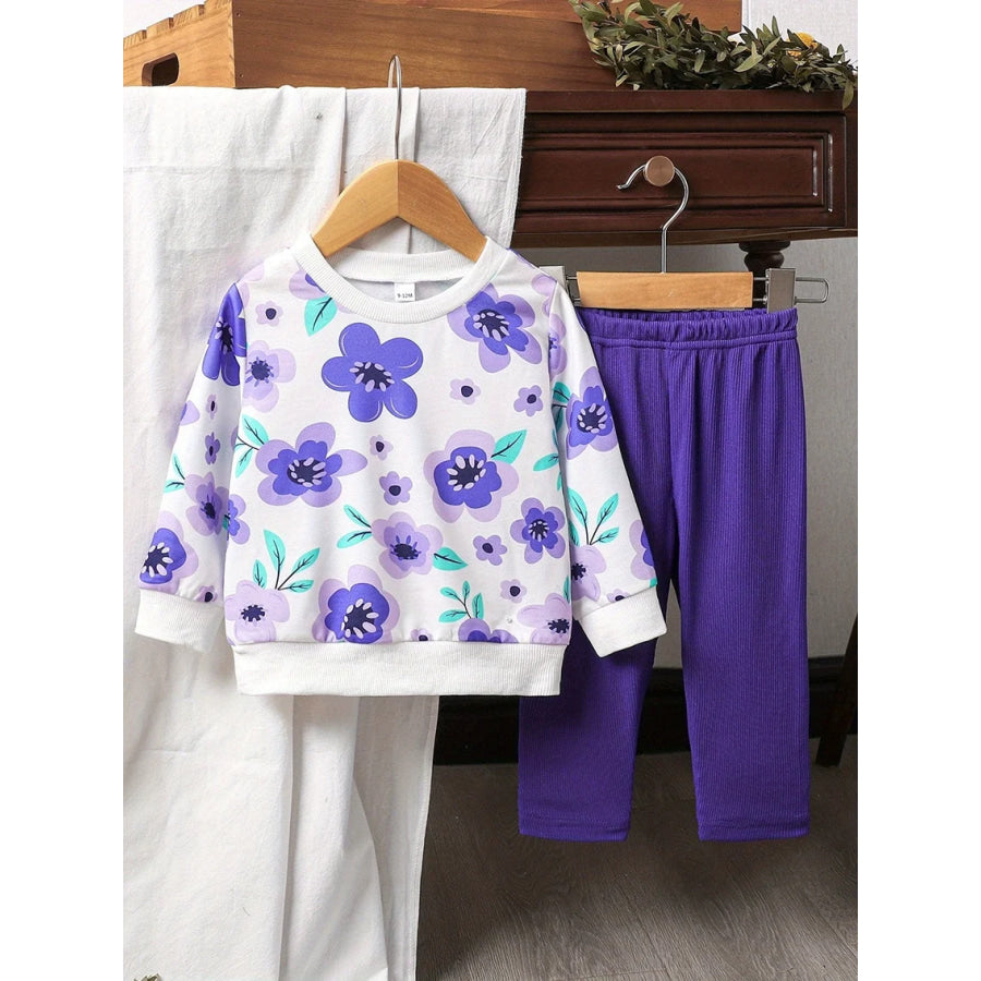 Children’s Floral Print Long Sleeve Top & Pants Set Purple / 6-9M Apparel and Accessories