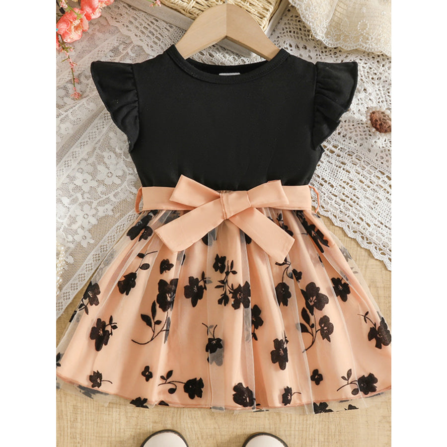Children’s Floral Print Mesh Bowknot Toddler Dress Orange / 6-9M Apparel and Accessories