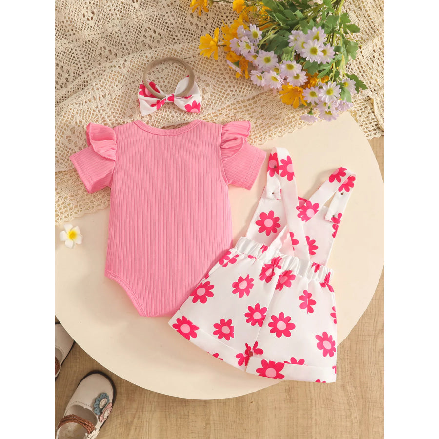 Children’s Floral Print Overalls and Ribbed Top Set with Bow Headband Apparel Accessories