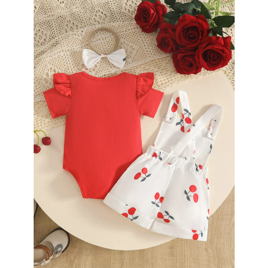 Children’s Floral Print Overalls and Ribbed Top Set with Bow Headband Apparel Accessories