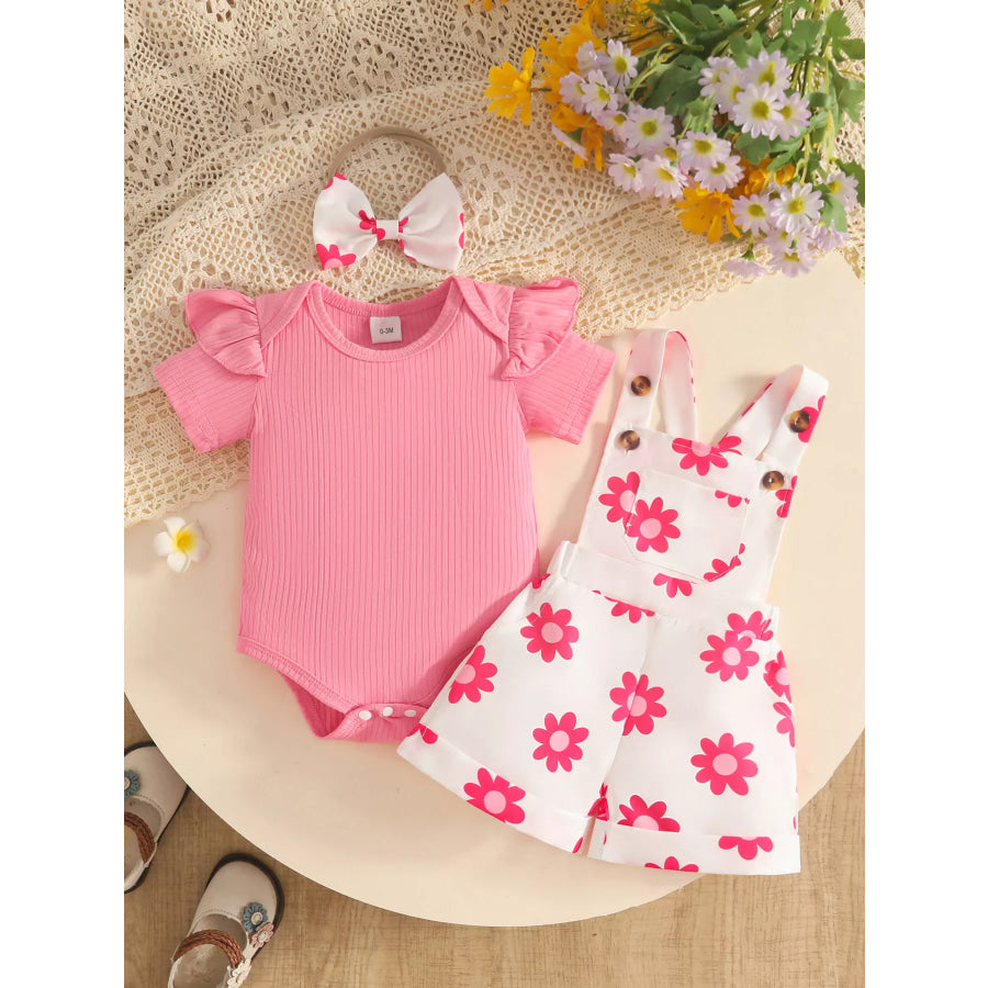 Children’s Floral Print Overalls and Ribbed Top Set with Bow Headband Apparel Accessories