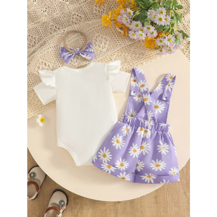 Children’s Floral Print Overalls and Ribbed Top Set with Bow Headband Apparel Accessories