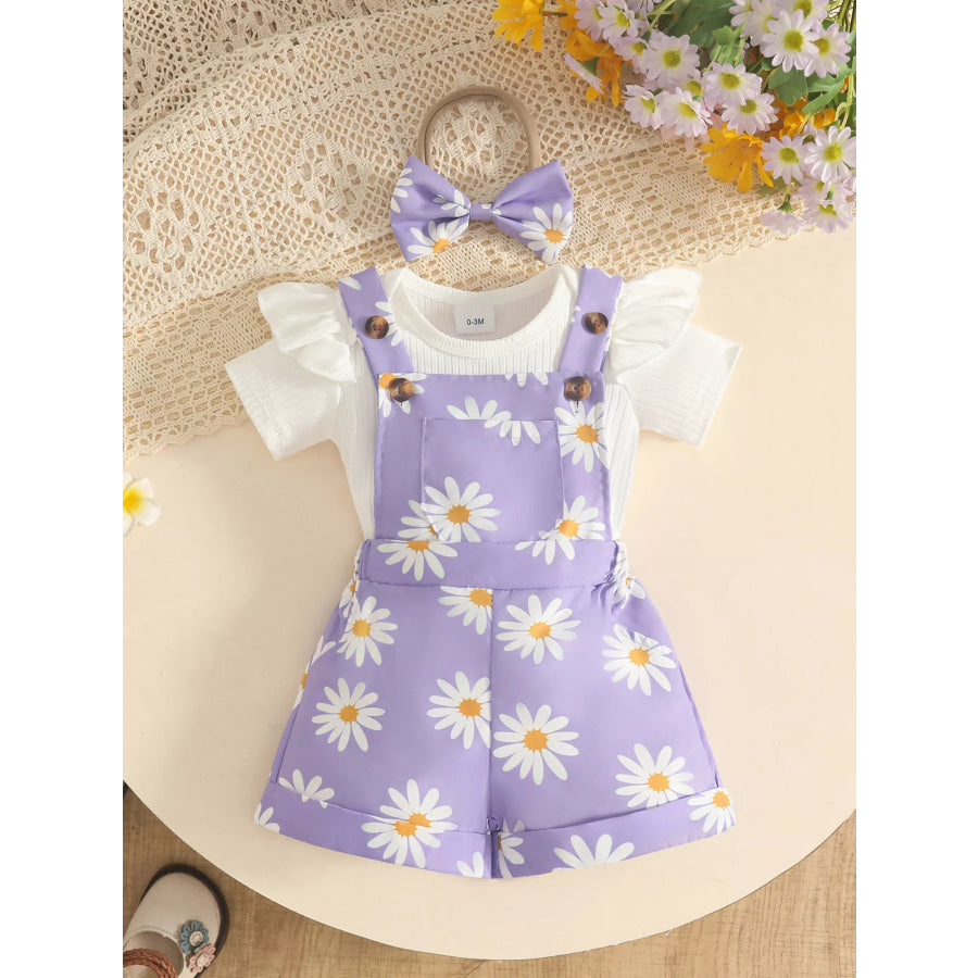 Children’s Floral Print Overalls and Ribbed Top Set with Bow Headband Lavender Purple / 0-3M Apparel Accessories