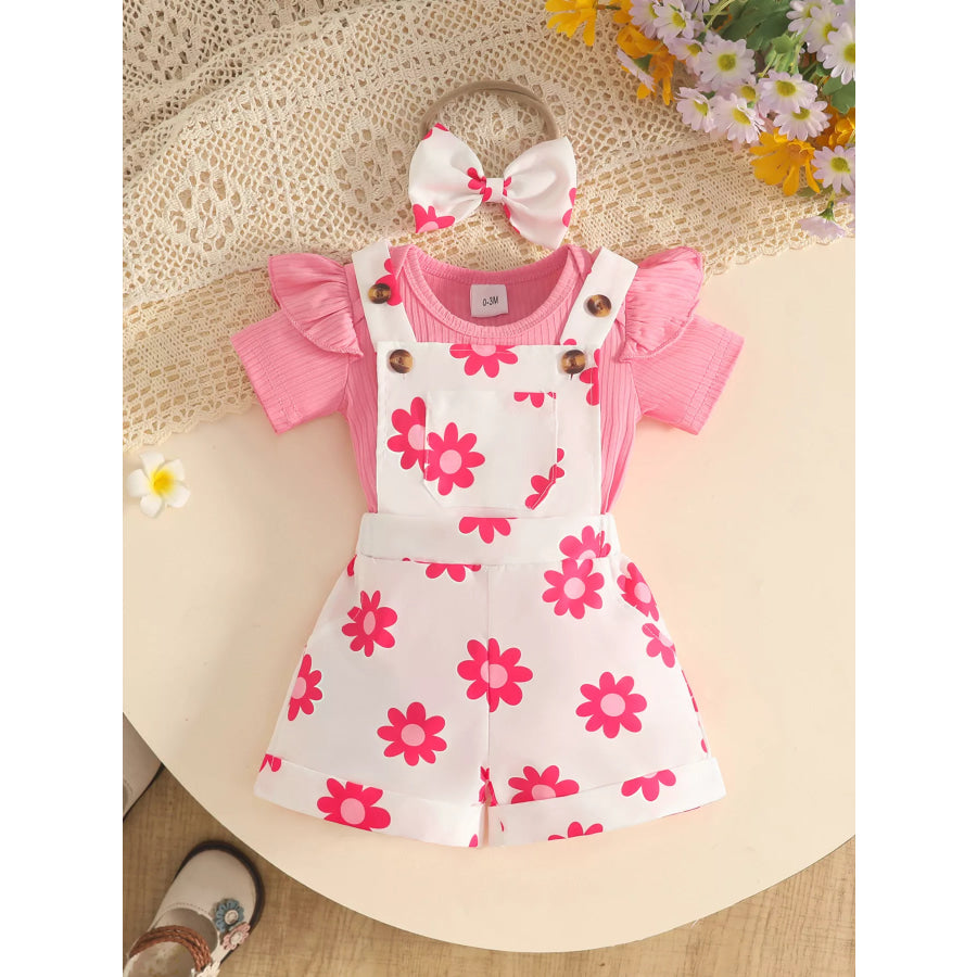 Children’s Floral Print Overalls and Ribbed Top Set with Bow Headband Pink / 0-3M Apparel Accessories