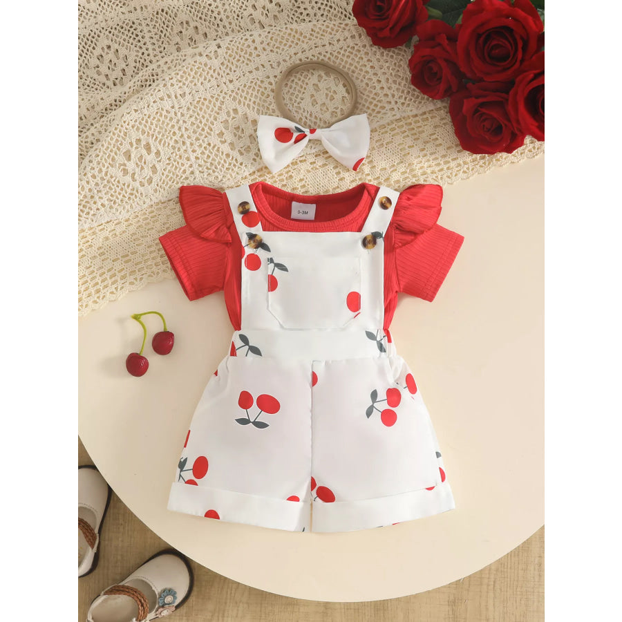 Children’s Floral Print Overalls and Ribbed Top Set with Bow Headband Red / 0-3M Apparel Accessories