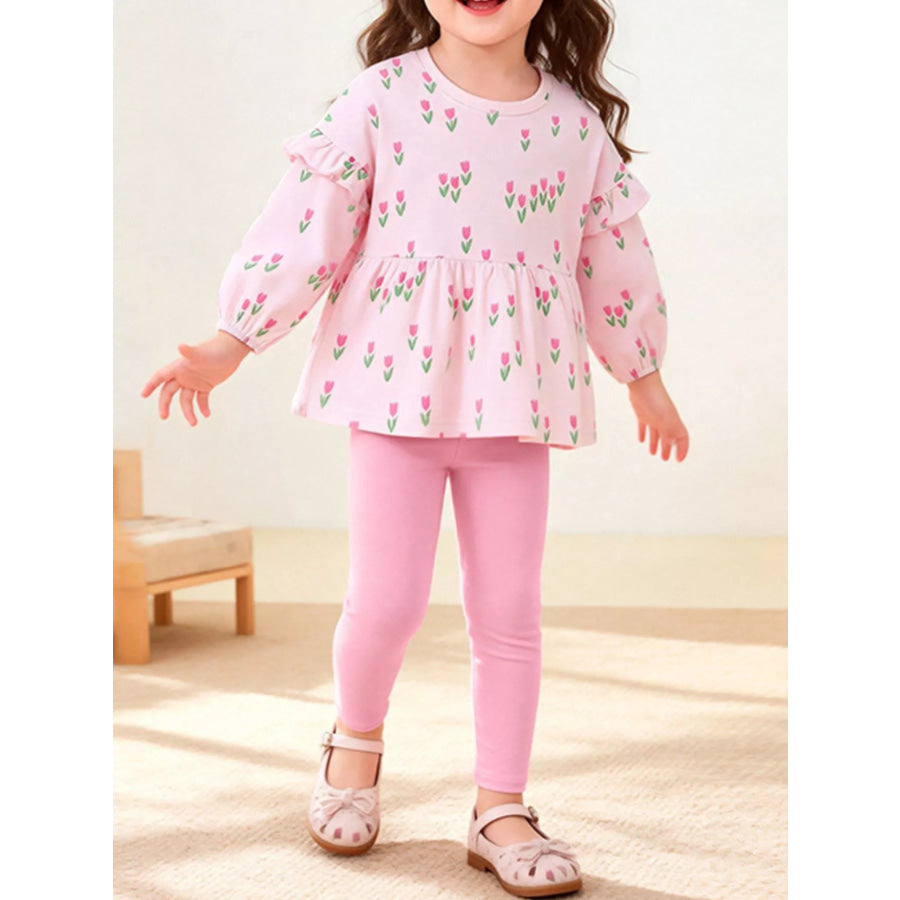 Children’s Floral Print Peplum Top and Leggings Set Pink / 2Y Apparel and Accessories