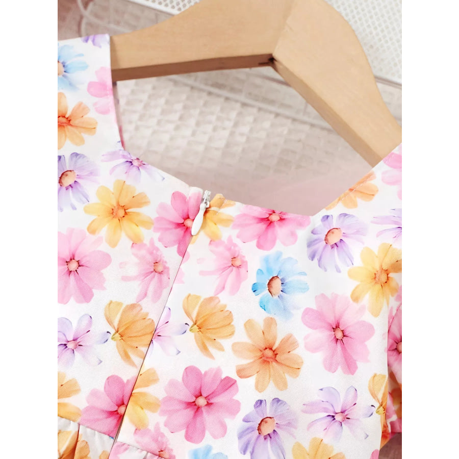 Children’s Floral Print Puff Sleeve Ruffle Hem Dress Apparel and Accessories