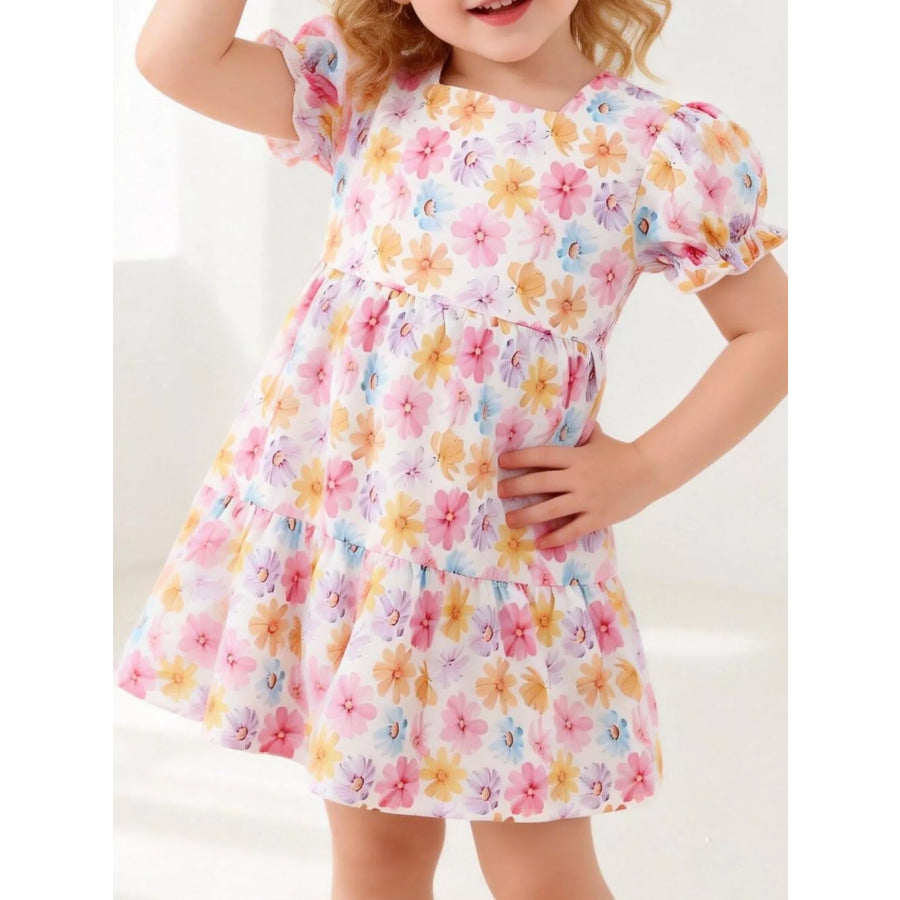 Children’s Floral Print Puff Sleeve Ruffle Hem Dress Apparel and Accessories