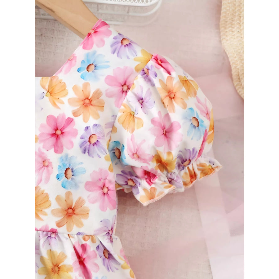Children’s Floral Print Puff Sleeve Ruffle Hem Dress Apparel and Accessories