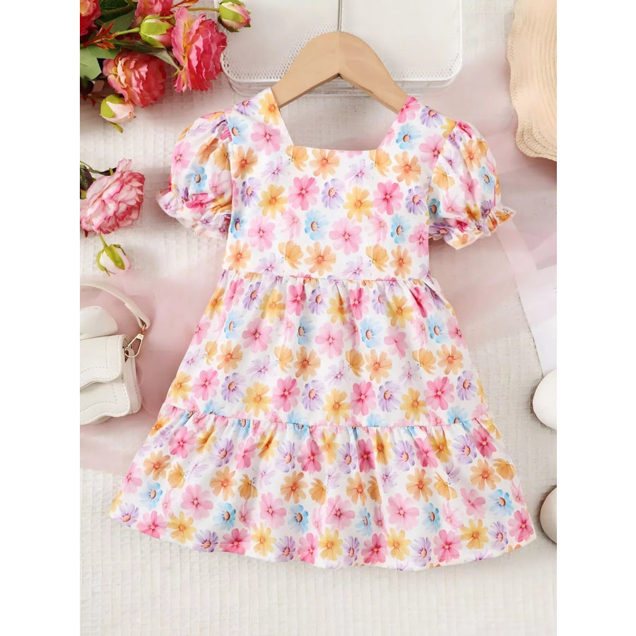 Children’s Floral Print Puff Sleeve Ruffle Hem Dress Apparel and Accessories