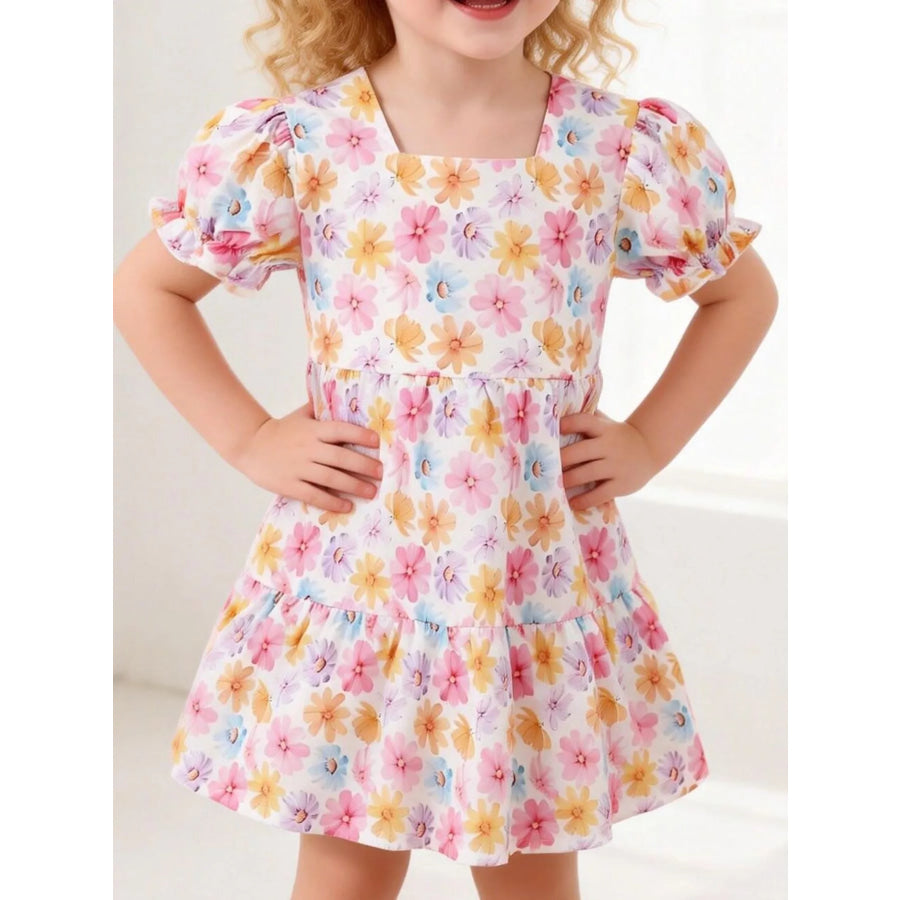 Children’s Floral Print Puff Sleeve Ruffle Hem Dress Pink / 9-12M Apparel and Accessories