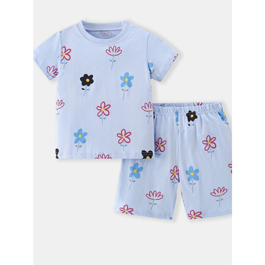 Children’s Floral Print Round Neck Tee and Shorts Set Light Blue / 4Y Apparel and Accessories