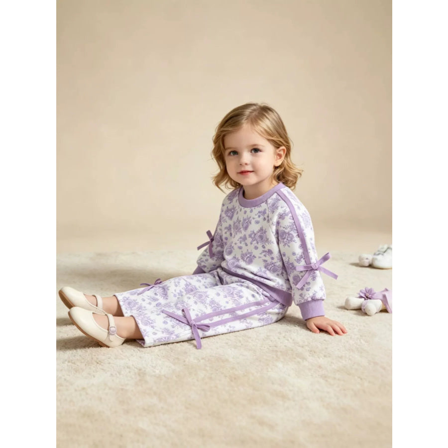 Children’s Floral Print Round Neck Top and Pants Two-Piece Lounge Set Lavender Purple / 6-12M Apparel and Accessories