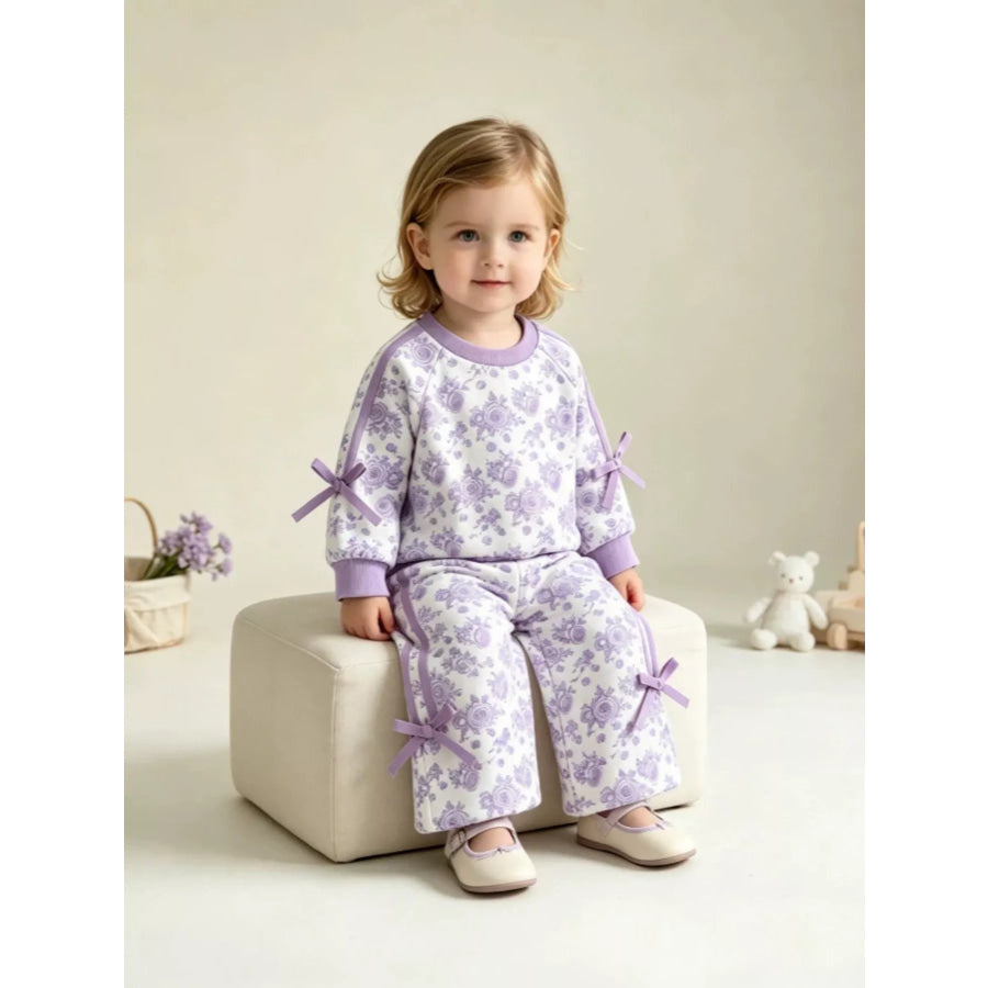 Children’s Floral Print Round Neck Top and Pants Two-Piece Lounge Set Lavender Purple / 6-12M Apparel and Accessories