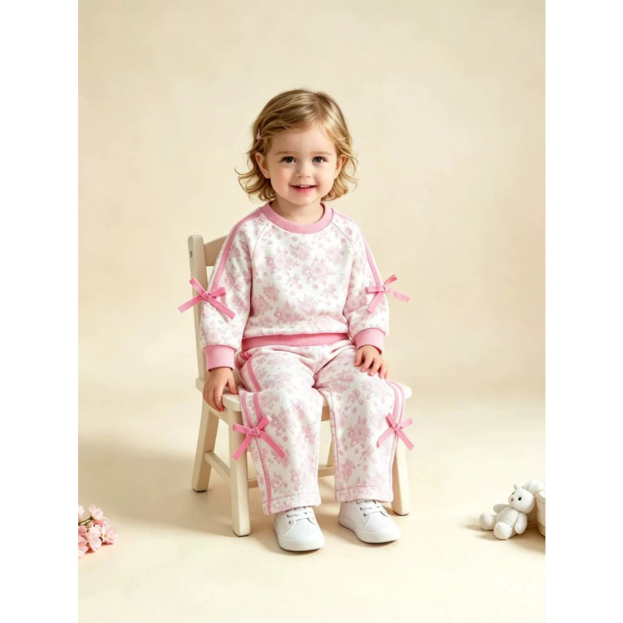 Children’s Floral Print Round Neck Top and Pants Two-Piece Lounge Set Pink / 6-12M Apparel and Accessories