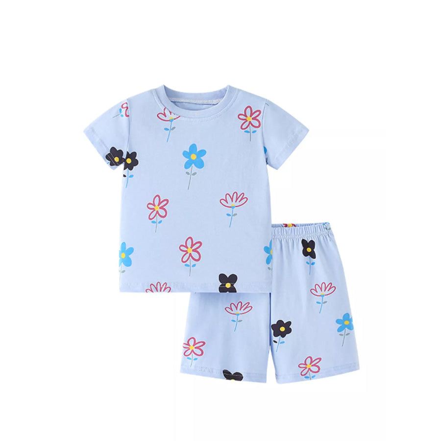 Children’s Floral Print Round Neck Top and Shorts Set Light Blue / 5Y Apparel and Accessories
