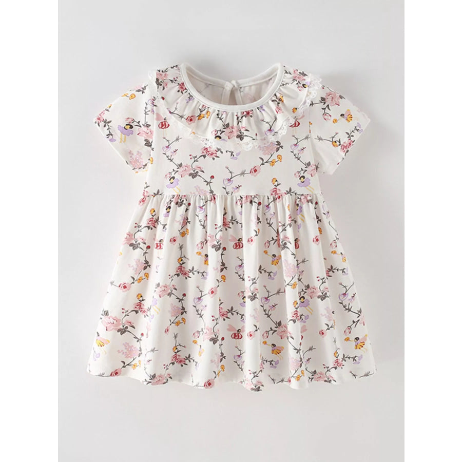 Children’s Floral Print Ruffle Collar Dress Beige / 5T Apparel and Accessories