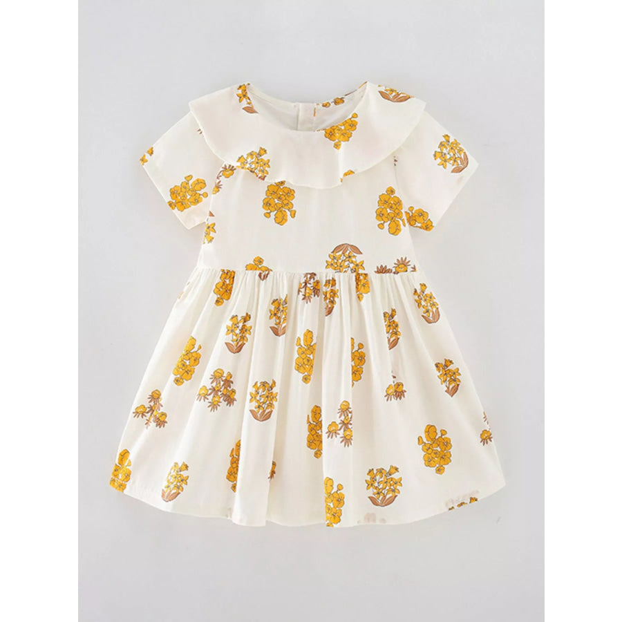 Children’s Floral Print Ruffle Collar Dress Cream / 2Y Apparel and Accessories