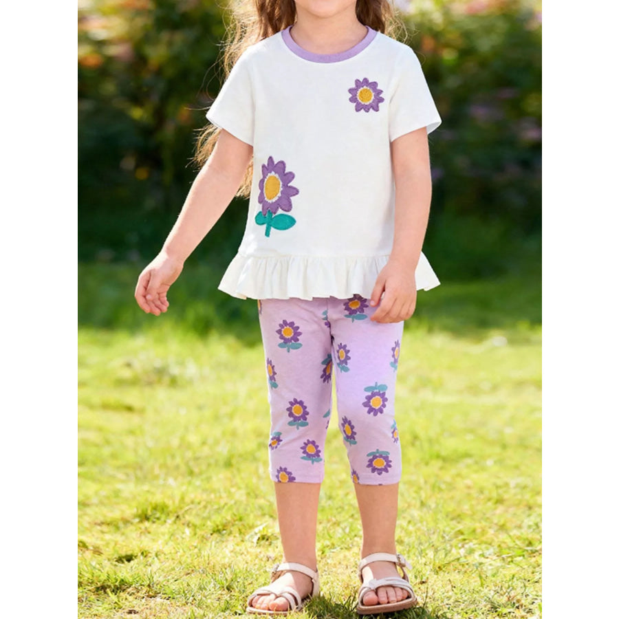 Children’s Floral Print Ruffle Hem Tee & Capri Leggings Set White / 2Y Apparel and Accessories
