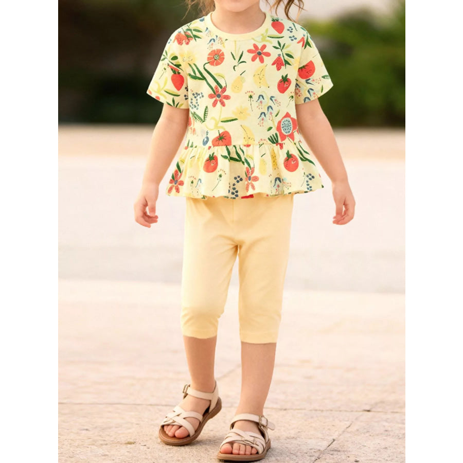 Children’s Floral Print Ruffle Hem Top & Capri Leggings Set Yellow / 2Y Apparel and Accessories