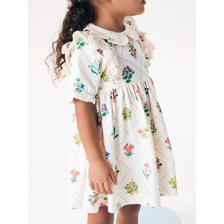Children’s Floral Print Ruffle Peter Pan Collar Dress White / 3Y Apparel and Accessories