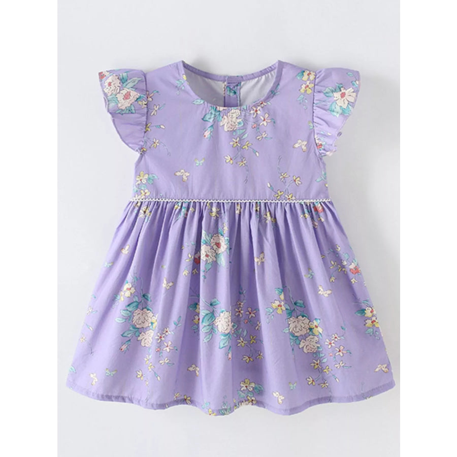 Children’s Floral Print Ruffle Sleeve A-Line Dress Lavender / 3Y Apparel and Accessories