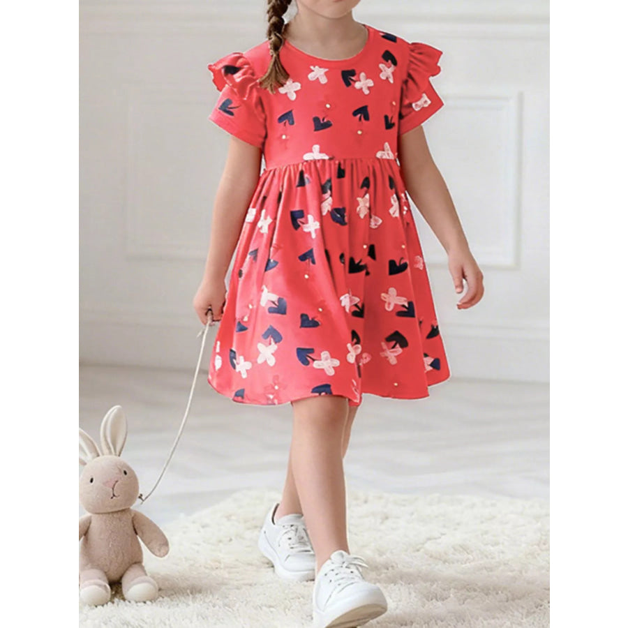 Children’s Floral Print Ruffle Sleeve Casual Dress Red / 3T Apparel and Accessories