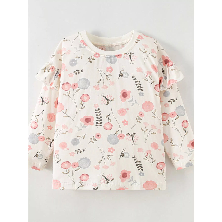 Children’s Floral Print Ruffle-Sleeve Crew Neck Sweatshirt White / 3T Apparel and Accessories