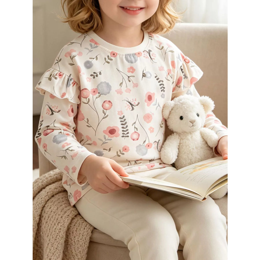 Children’s Floral Print Ruffle-Sleeve Crew Neck Sweatshirt White / 3T Apparel and Accessories