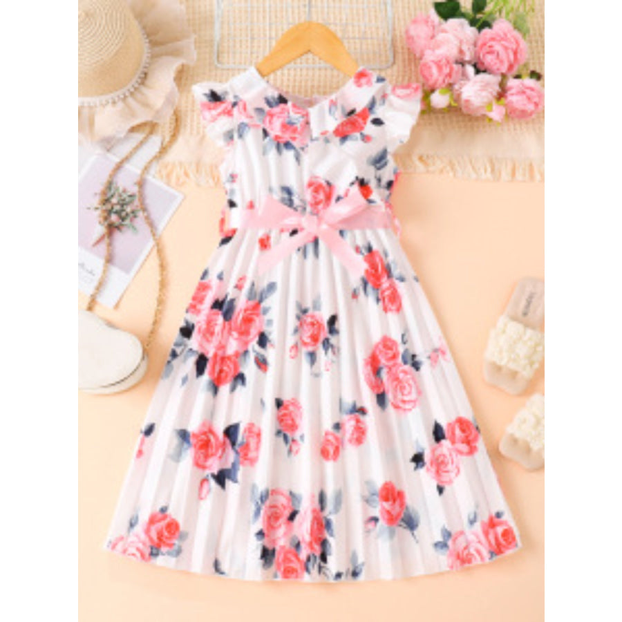 Children’s Floral Print Ruffle Trim Bow Pleated Dress Apparel and Accessories