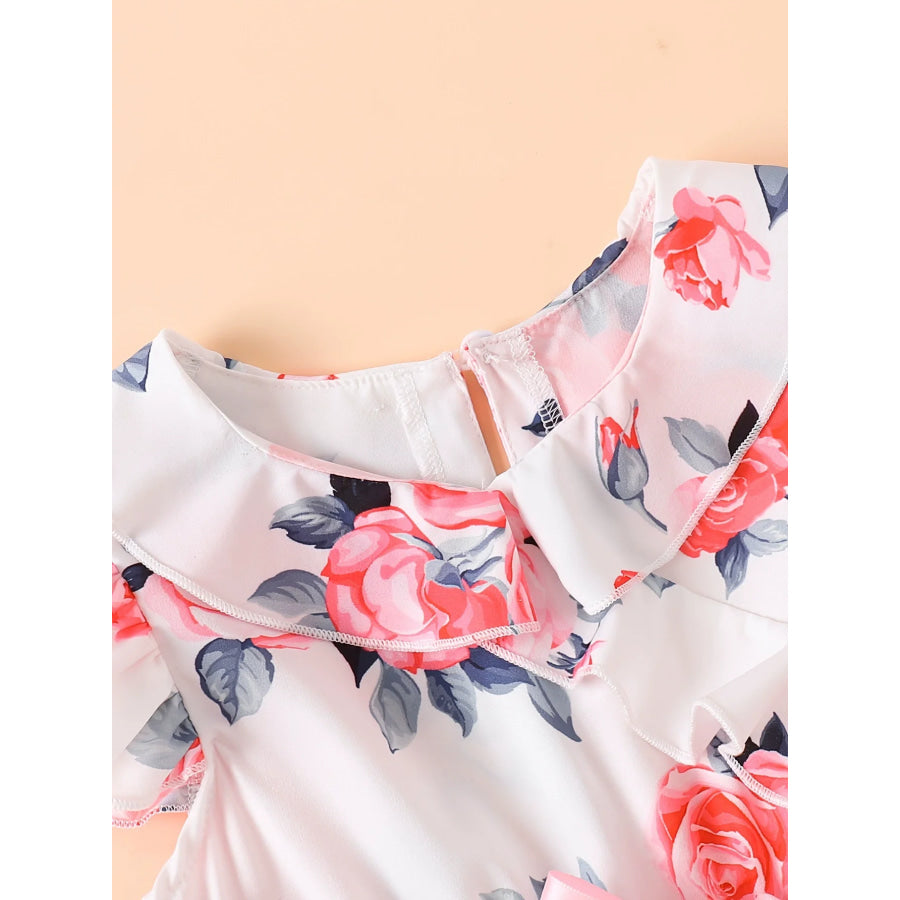 Children’s Floral Print Ruffle Trim Bow Pleated Dress Apparel and Accessories