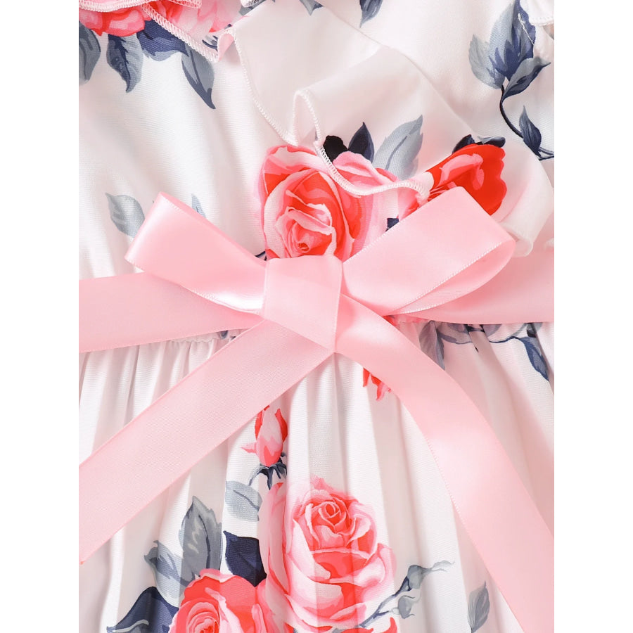 Children’s Floral Print Ruffle Trim Bow Pleated Dress Apparel and Accessories