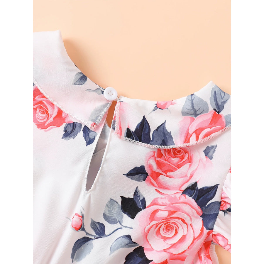 Children’s Floral Print Ruffle Trim Bow Pleated Dress Apparel and Accessories