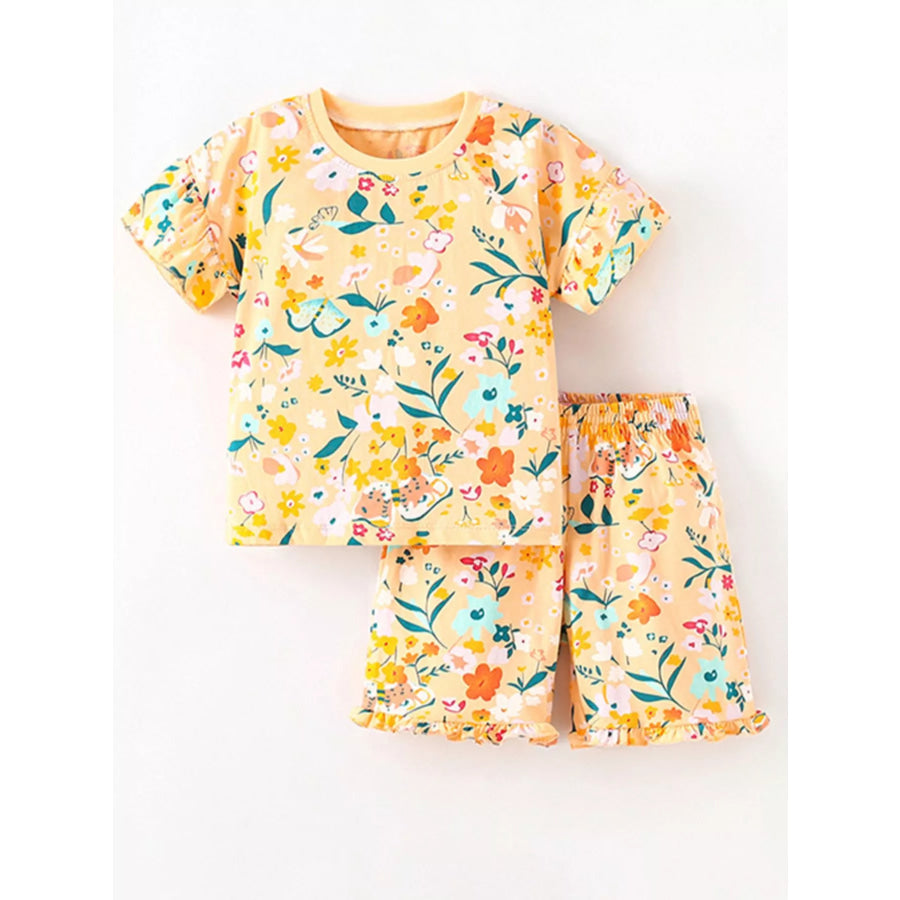 Children’s Floral Print Ruffle Trim T-Shirt and Shorts Set Gold / 3Y Apparel and Accessories