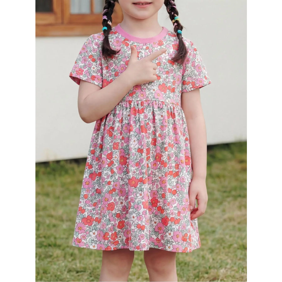Children’s Floral Print Short Sleeve A-Line Dress Pink / 2-3 Apparel and Accessories