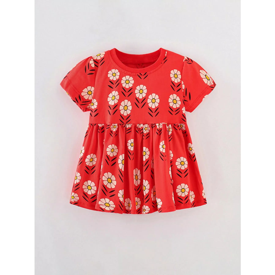 Children’s Floral Print Short Sleeve Dress Red / 3Y Apparel and Accessories