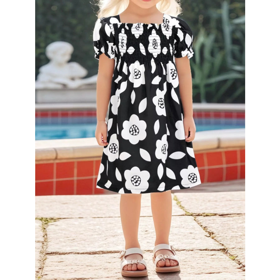 Children’s Floral Print Smocked Casual Dress Black / 3Y Apparel and Accessories