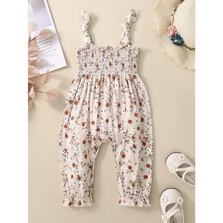Children’s Floral Print Smocked Jumpsuit Apricot / 0-6M Apparel and Accessories