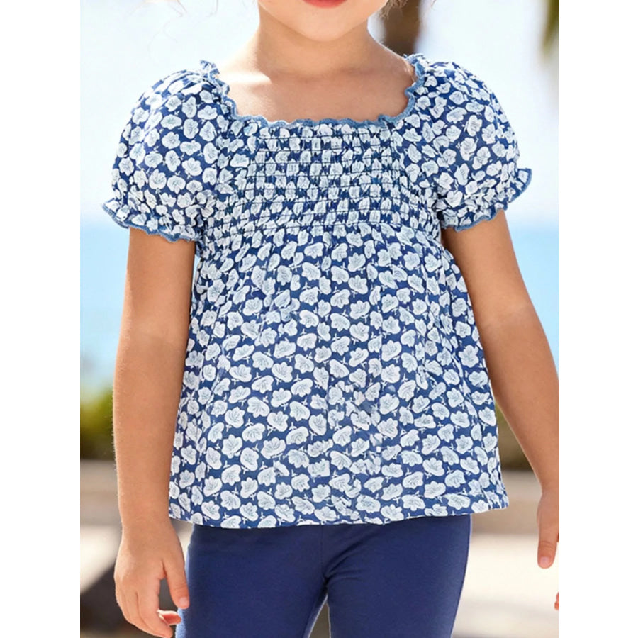 Children’s Floral Print Smocked Top Dusty Blue / 2T Apparel and Accessories
