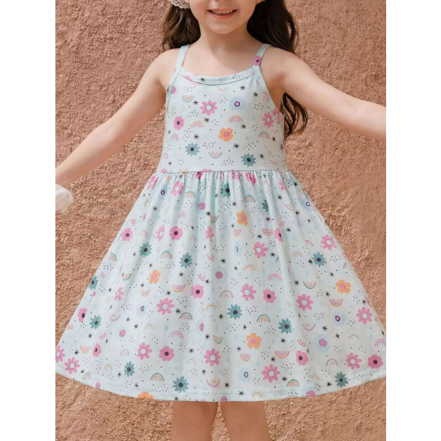Children’s Floral Print Spaghetti Strap A-Line Dress Sky Blue / 2-3 Apparel and Accessories