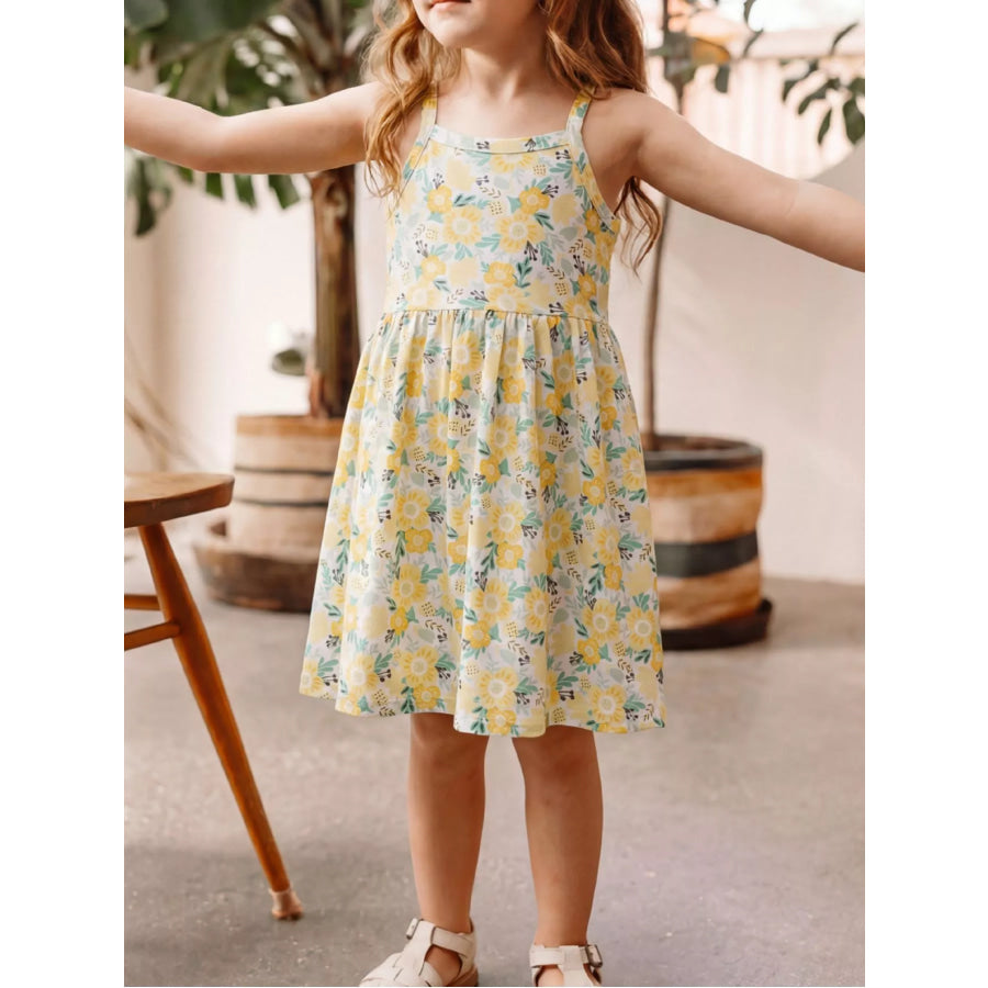 Children’s Floral Print Spaghetti Strap Dress Light Yellow / 2-3 Apparel and Accessories
