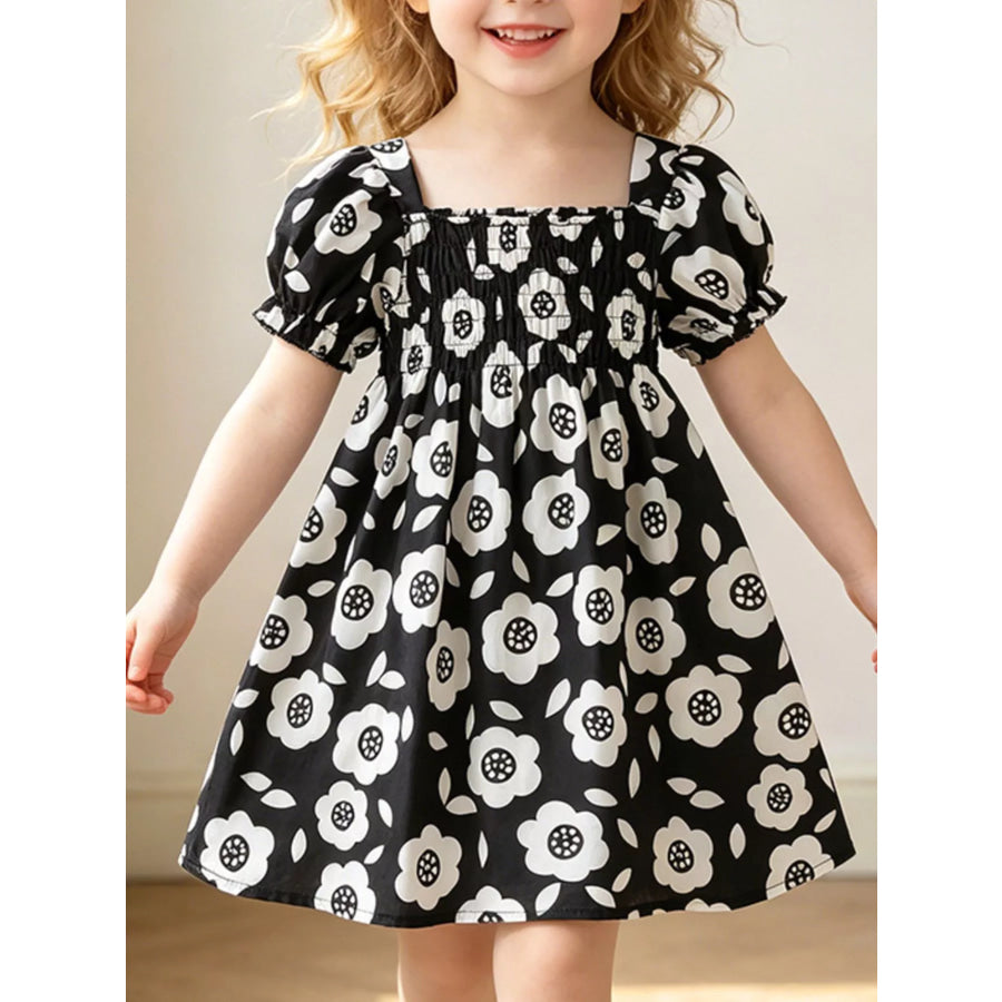 Children’s Floral Print Square Neck Puff Sleeve Dress Black / 3T Apparel and Accessories